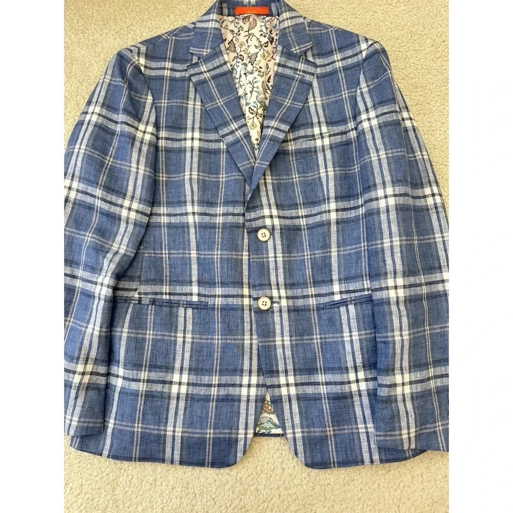 TALLIA Men's Modern-Fit Blue 100% Linen Plaid Sport Coat Size 36S